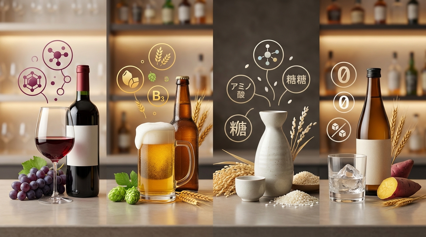 ワインと他のお酒の栄養比較(ビール・日本酒・焼酎)